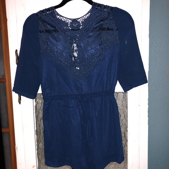 NWOT navy blue crochet and chiffon romper - Picture 3 of 5